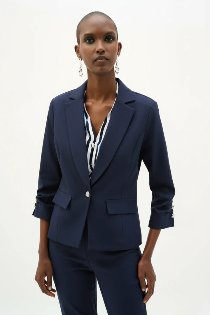 Woman wearing Millennium Fitted Blazer With Statement Button in Midnight Blue by Joseph Ribkoff front view
