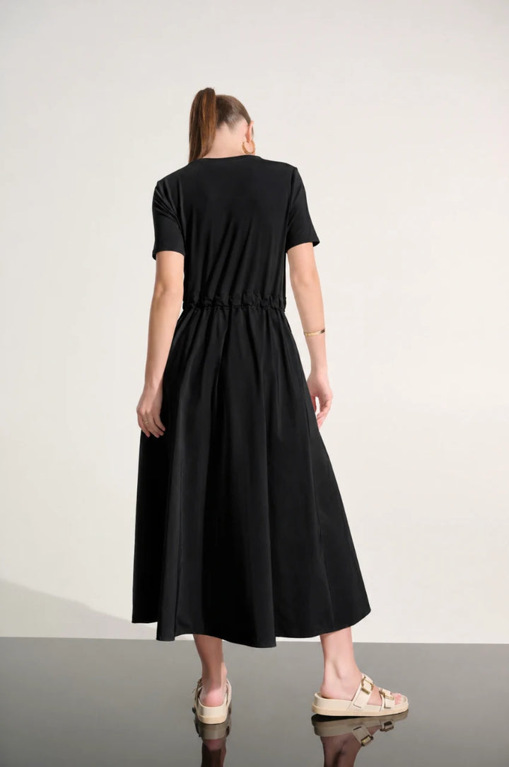 Woman wearing Jersey And Memory Fit & Flare Dress With Waist Detail in Black by Joseph Ribkoff back view