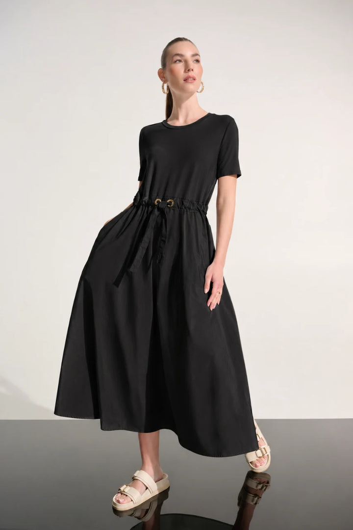 Woman wearing Jersey And Memory Fit & Flare Dress With Waist Detail in Black by Joseph Ribkoff front view