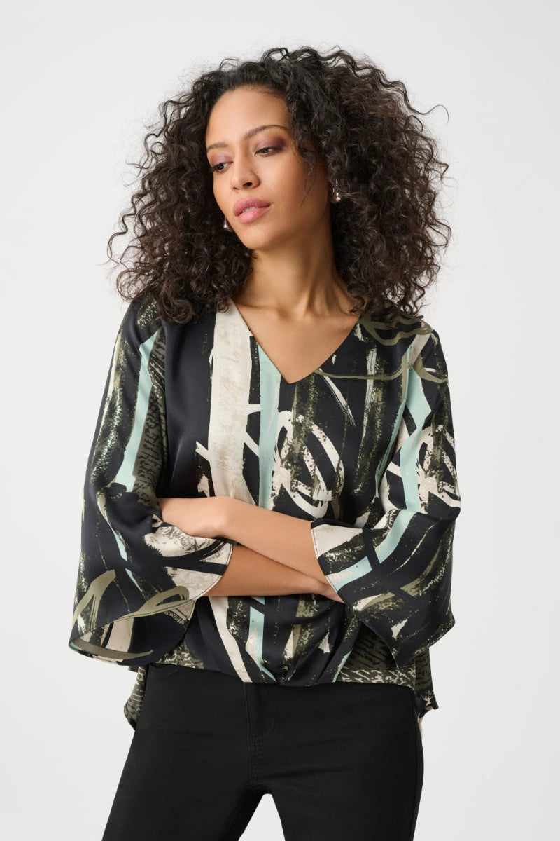 Woman wearing Recycled Satin Abstract Boxy Top in Moonstone/Multi by Joseph Ribkoff front view