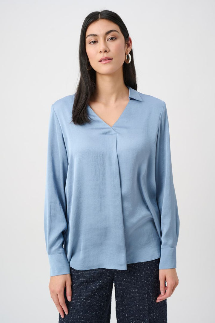Joseph Ribkoff satin tunic blue front view centre pleat 263025