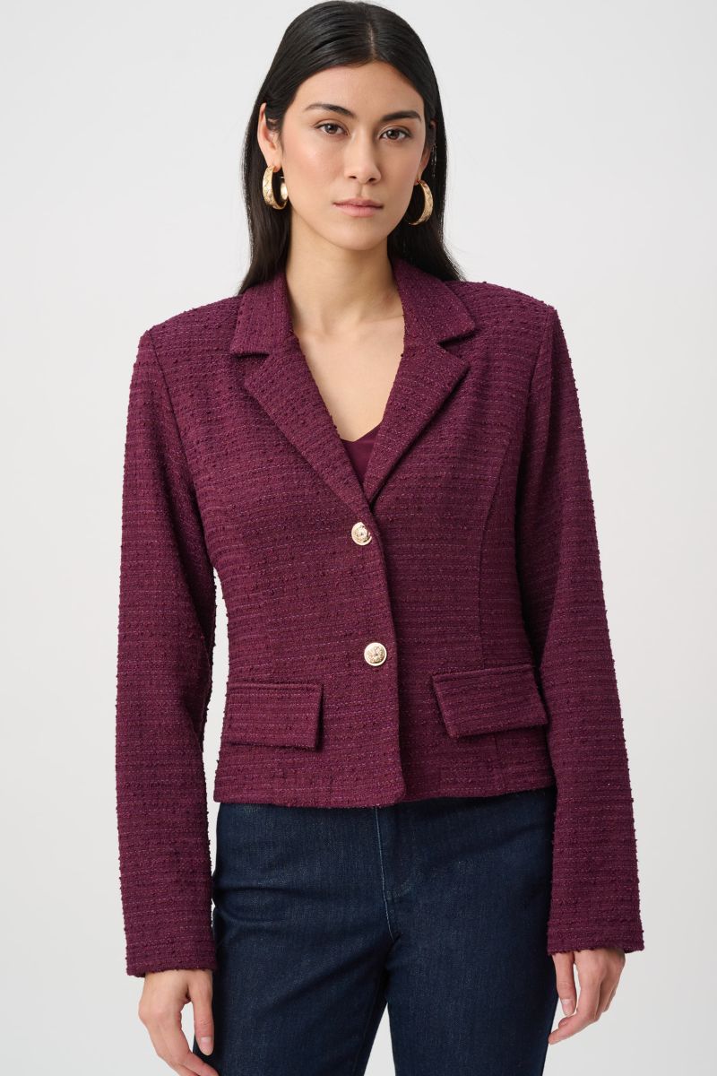 Joseph Ribkoff Elderberry bouclé blazer 263033 notched lapel and gold button detail