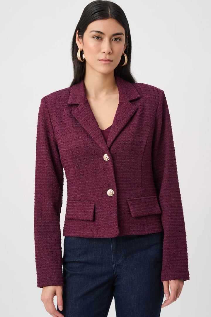 Joseph Ribkoff Elderberry bouclé blazer 263033 notched lapel and gold button detail