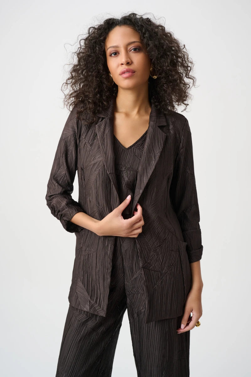 Woman wearing Pleated Satin Open Blazer in Mocha by Joseph Ribkoff front view