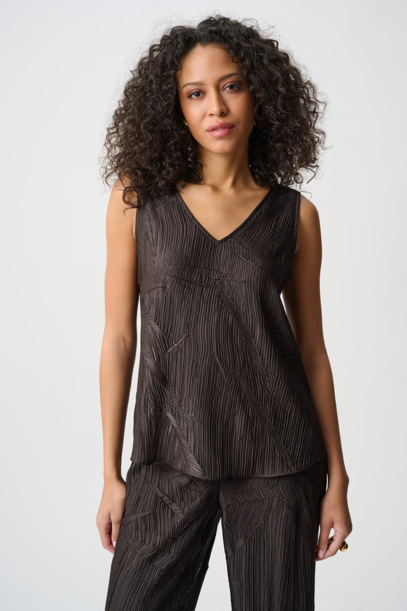 Woman wearing Pleated Satin Flared V-Neck Top in Mocha by Joseph Ribkoff front view