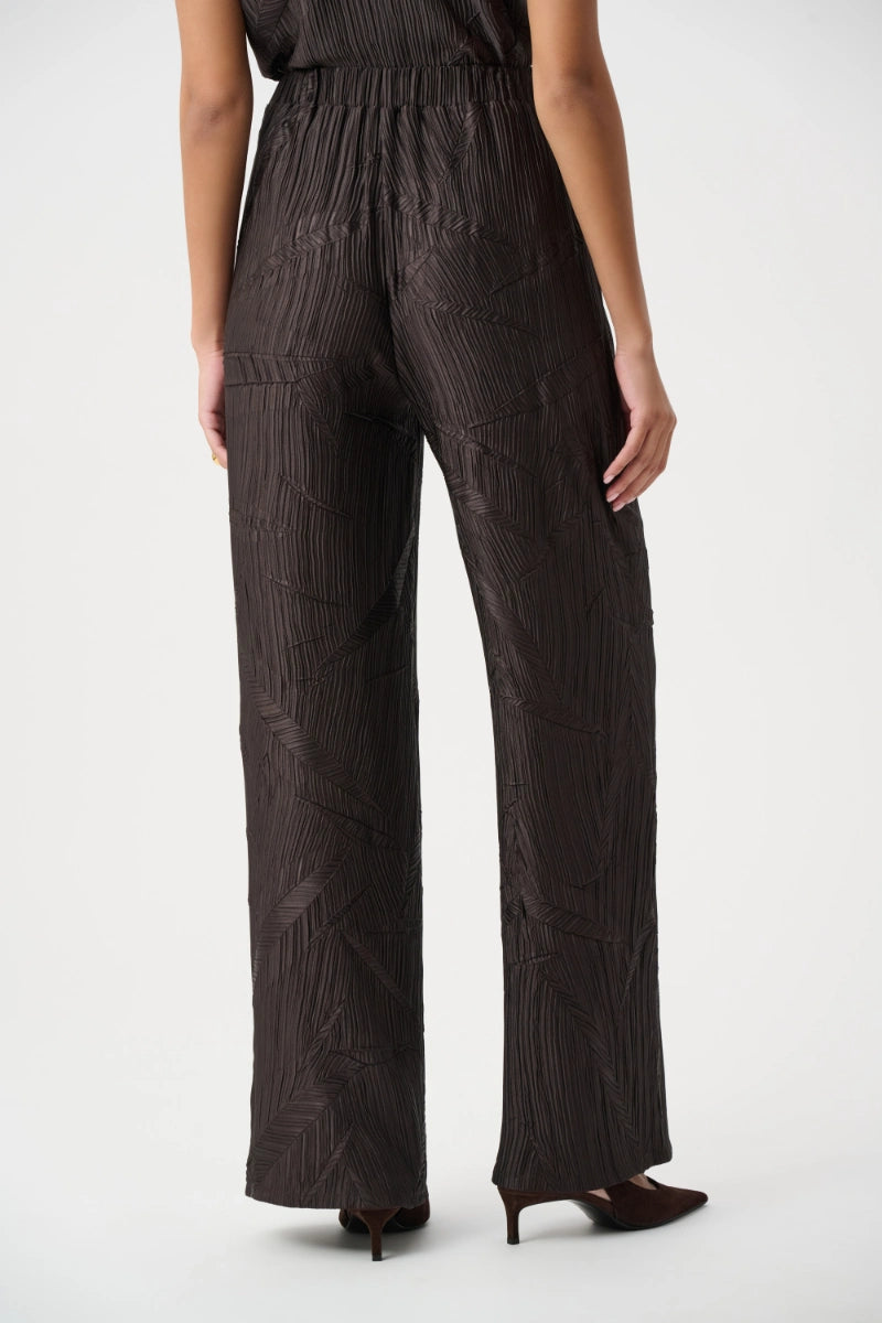 Woman wearing Pleated Satin Pull-On Wide-Leg Pants in Mocha by Joseph Ribkoff back view