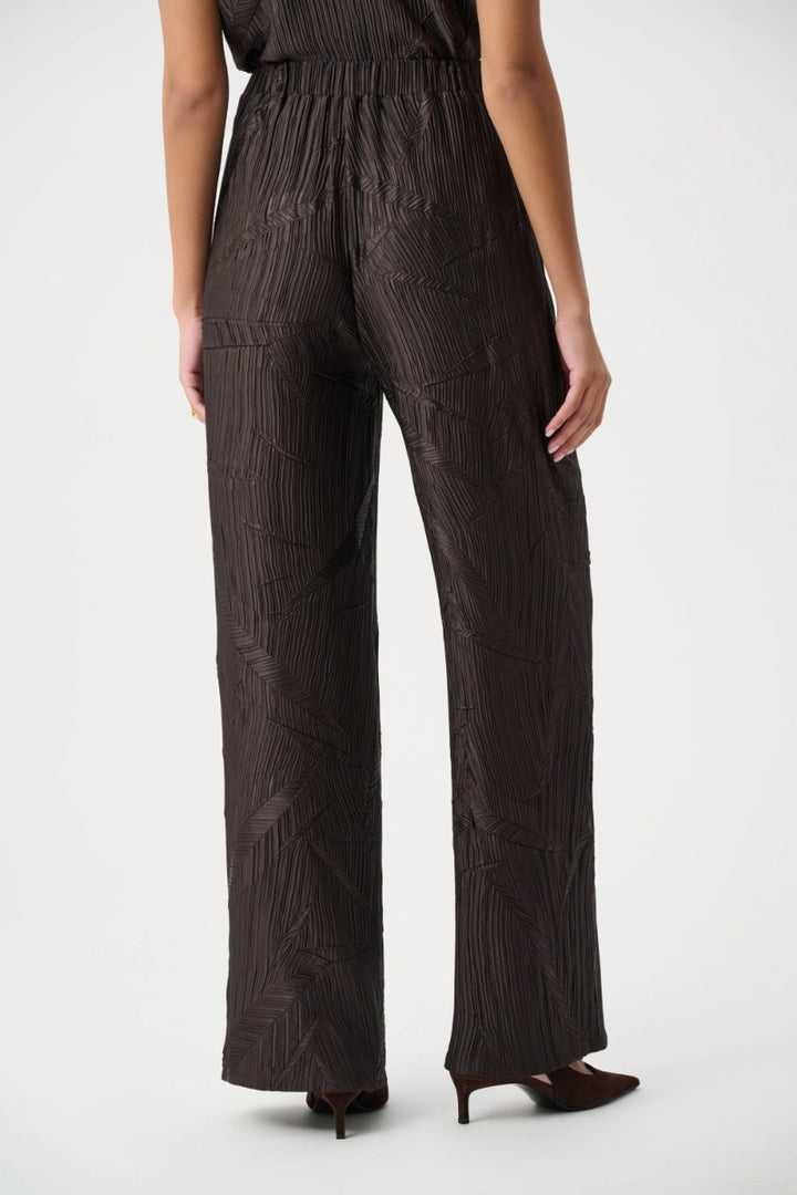Woman wearing Pleated Satin Pull-On Wide-Leg Pants in Mocha by Joseph Ribkoff back view