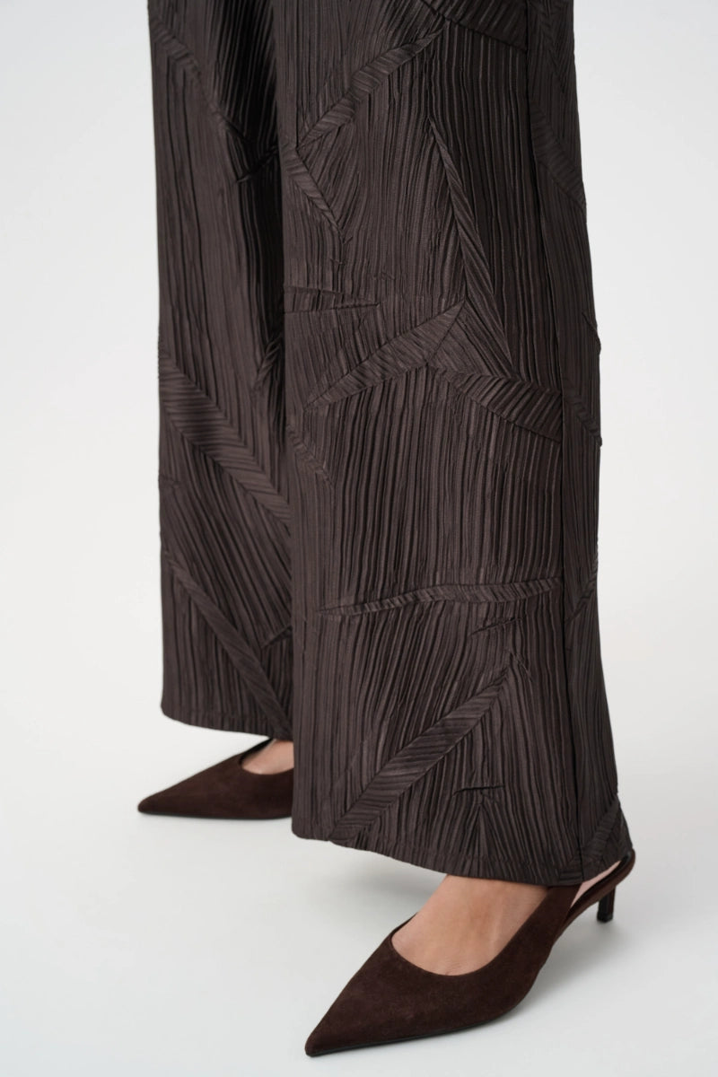 Woman wearing Pleated Satin Pull-On Wide-Leg Pants in Mocha by Joseph Ribkoff detail view
