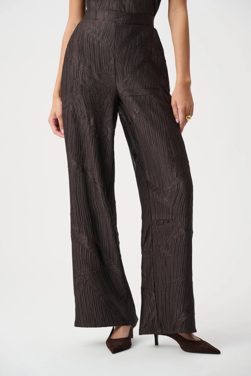 Woman wearing Pleated Satin Pull-On Wide-Leg Pants in Mocha by Joseph Ribkoff front view