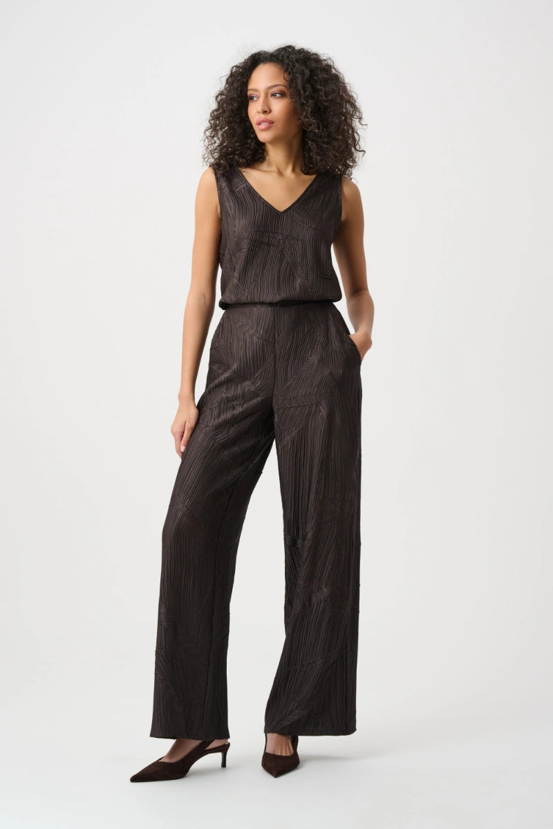 Woman wearing Pleated Satin Pull-On Wide-Leg Pants in Mocha by Joseph Ribkoff outfit view