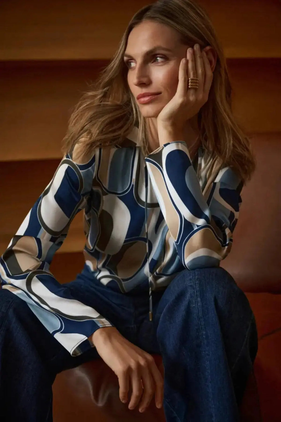 Recycled Satin Geometric Top in Off White/Multi by Joseph Ribkoff