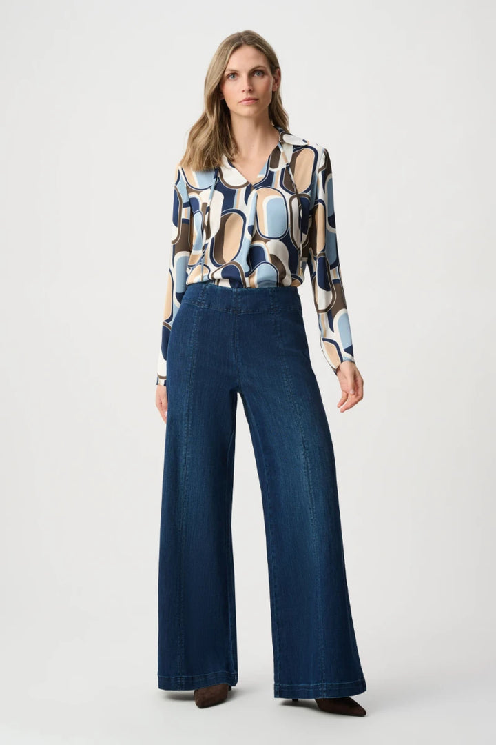 Woman wearing Recycled Satin Geometric Top in Off White/Multi by Joseph Ribkoff outfit view