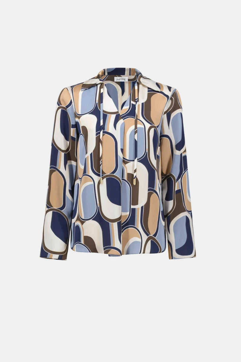 Woman wearing Recycled Satin Geometric Top in Off White/Multi by Joseph Ribkoff product view
