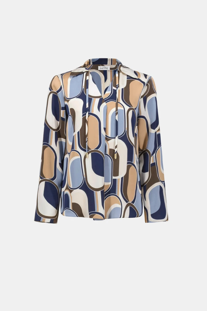 Woman wearing Recycled Satin Geometric Top in Off White/Multi by Joseph Ribkoff product view