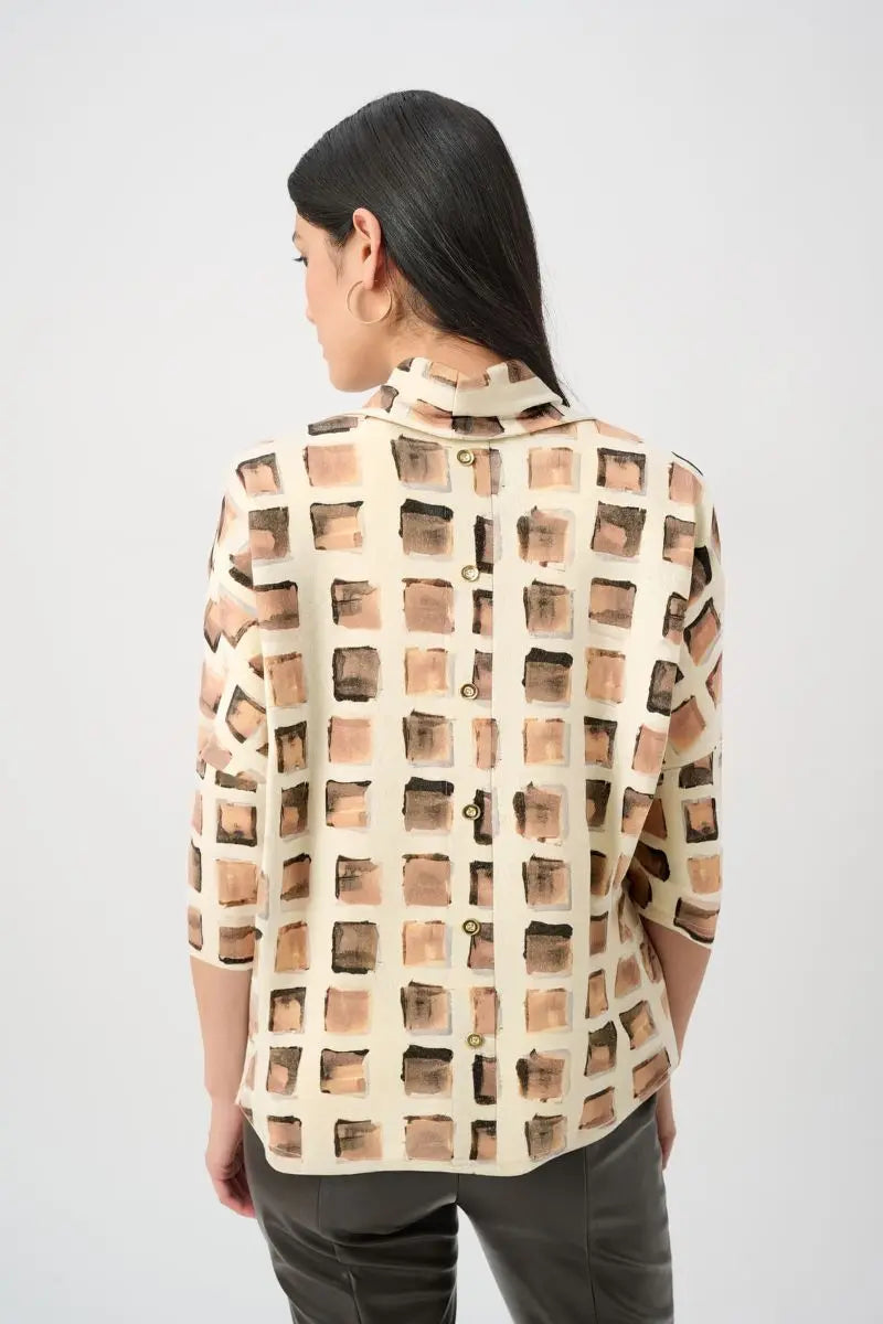 Woman wearing abstract knit tunic by Joseph Ribkoff style 263223 back