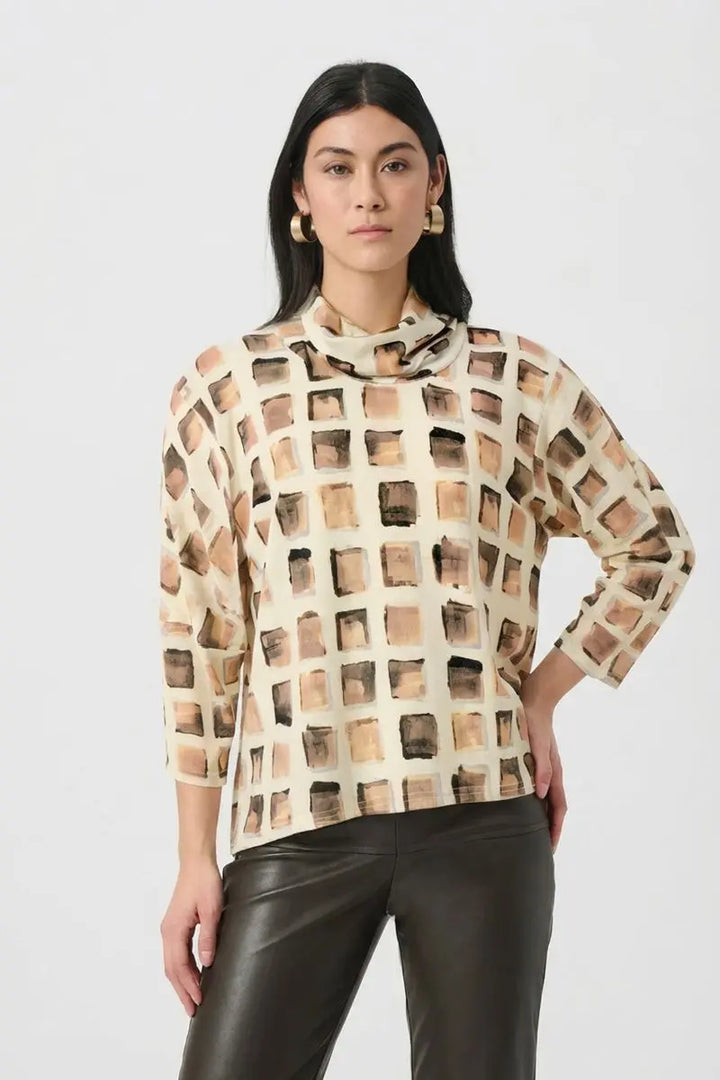 Woman wearing abstract knit tunic by Joseph Ribkoff style 263223 front