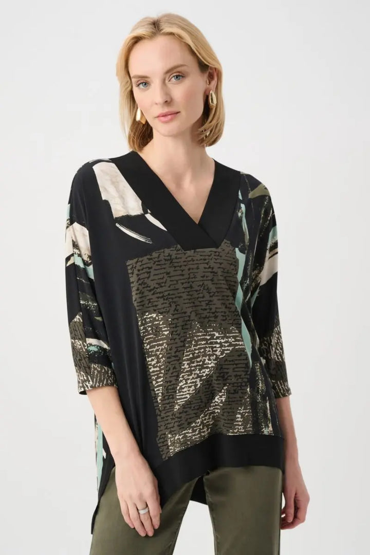 Joseph Ribkoff printed silky knit tunic front view contrast neckline 263224
