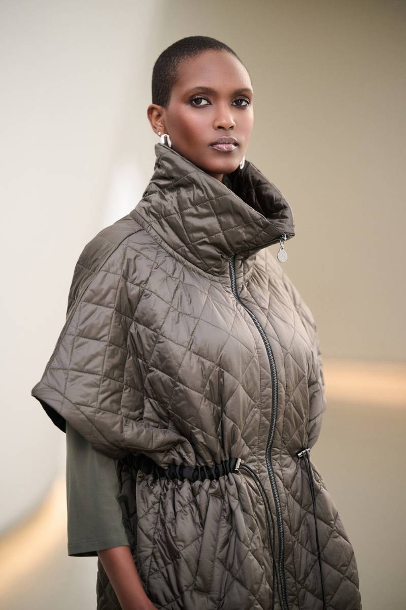 Quilted Nylon Shawl-Neck Boxy Vest by Joseph Ribkoff In Avocado