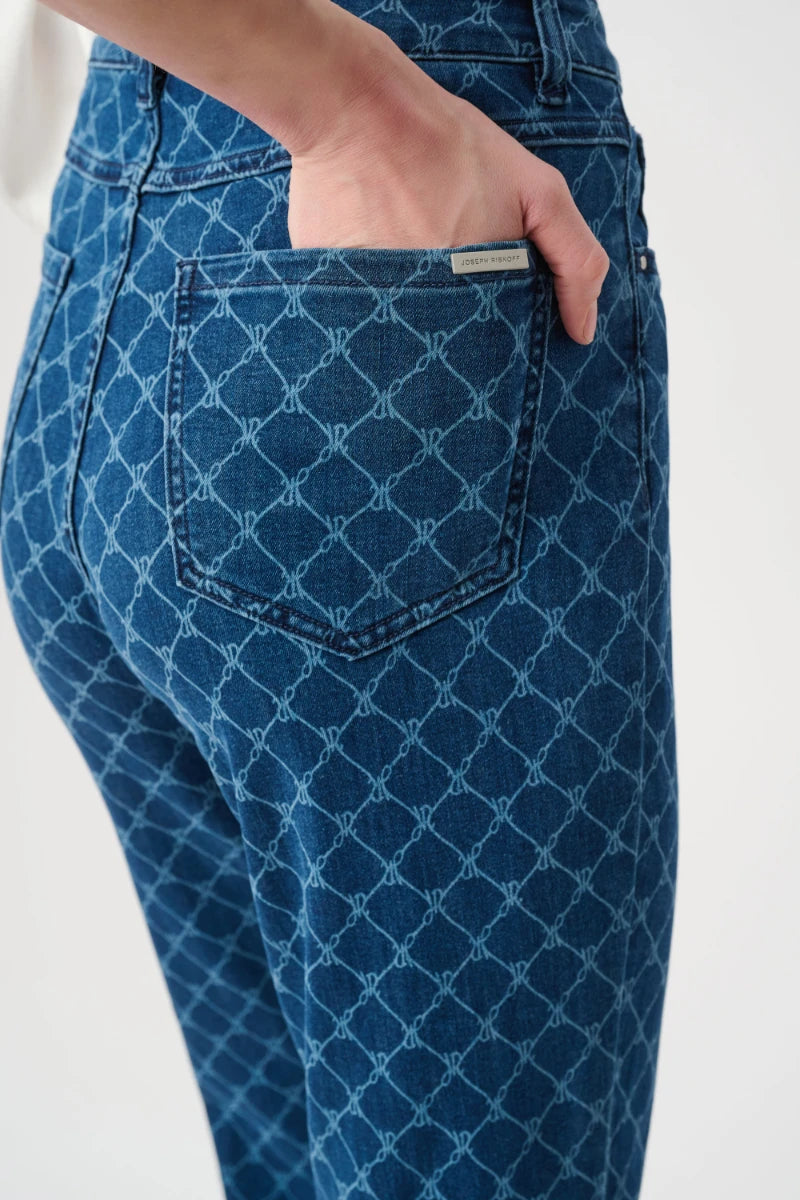 Woman wearing Featherweave Denim Strip-Dye Print Straight Classic Jeans in Medium Blue by Joseph Ribkoff detail view