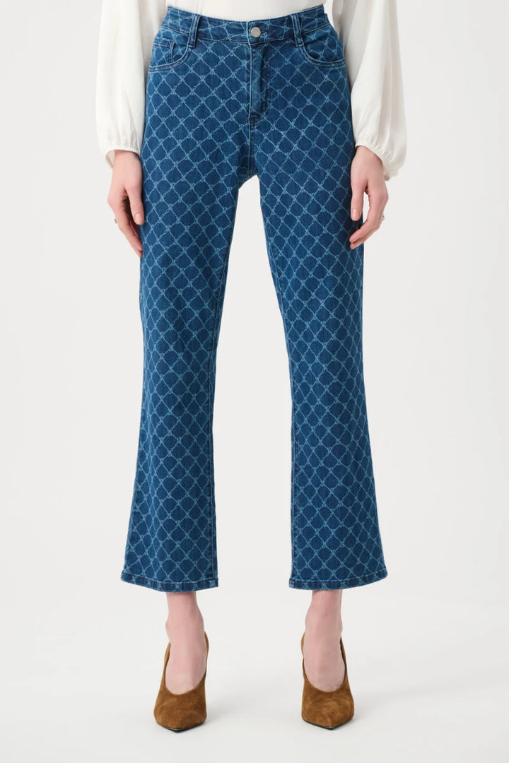 Woman wearing Featherweave Denim Strip-Dye Print Straight Classic Jeans in Medium Blue by Joseph Ribkoff front view
