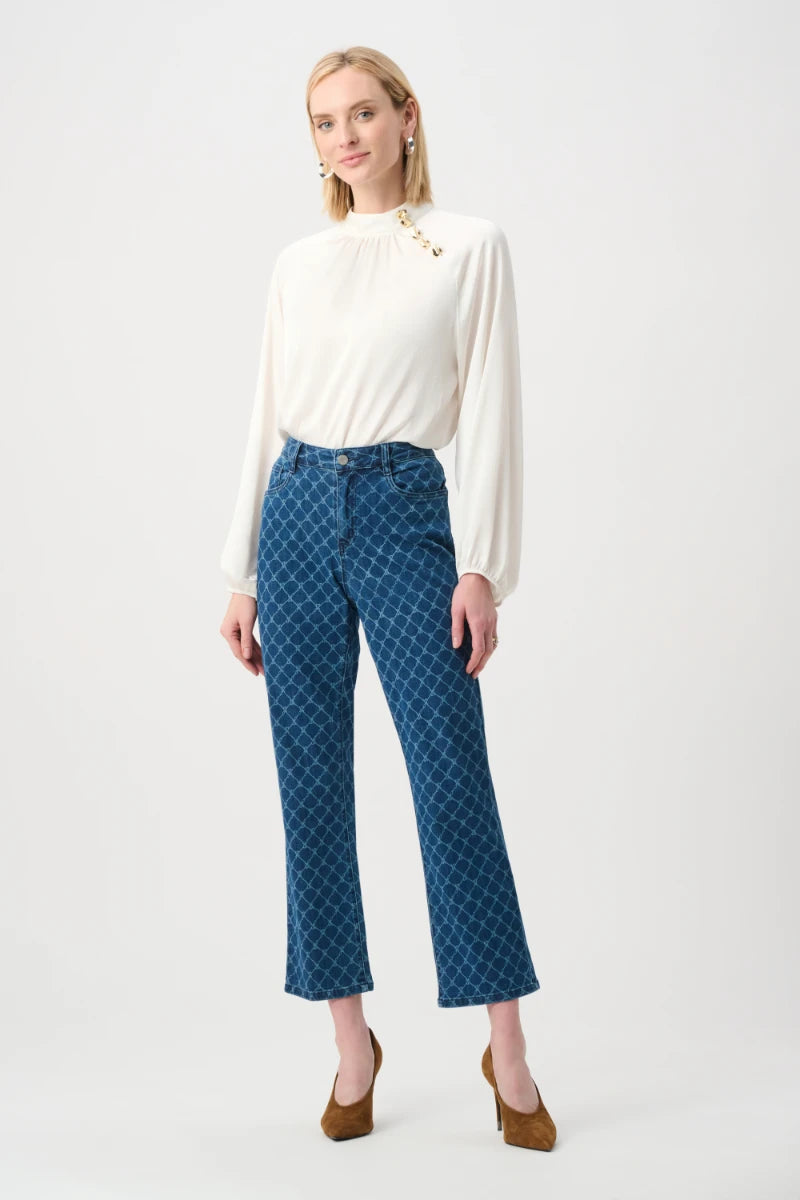Woman wearing Featherweave Denim Strip-Dye Print Straight Classic Jeans in Medium Blue by Joseph Ribkoff outfit view