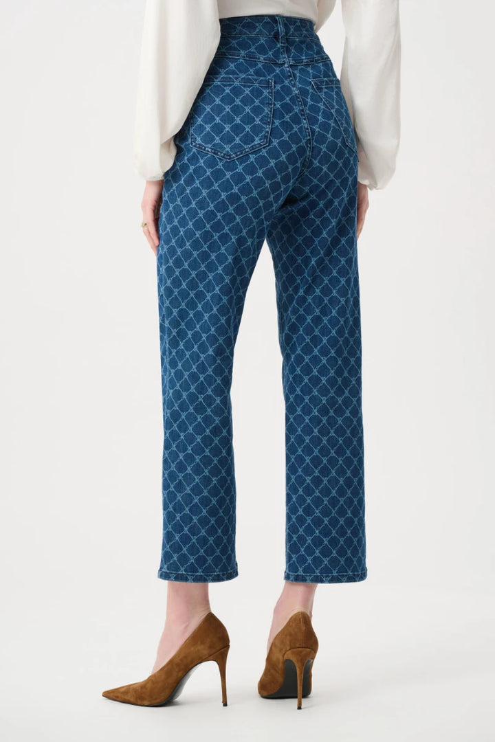 Woman wearing Featherweave Denim Strip-Dye Print Straight Classic Jeans in Medium Blue by Joseph Ribkoff product view