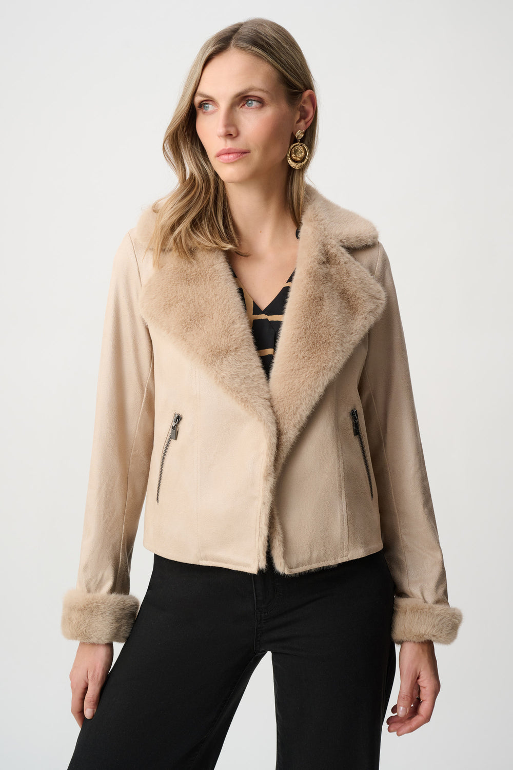 Woman wearing Foiled Faux Suede Jacket With Faux Fur Collar in Soft Taupe by Joseph Ribkoff front view