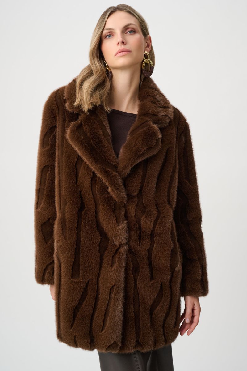 Woman wearing faux fur coat by Joseph Ribkoff style 263916 front