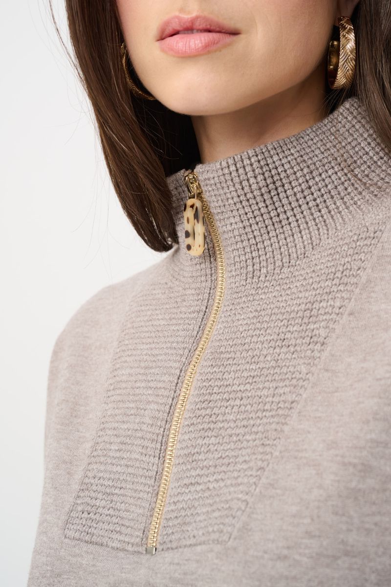 Joseph Ribkoff Taupe Melange Sweater funnel zip collar detail 263937