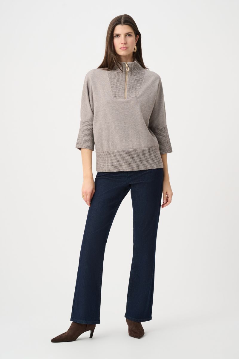 Joseph Ribkoff Funnel Zip Sweater in Taupe Melange front view 263937