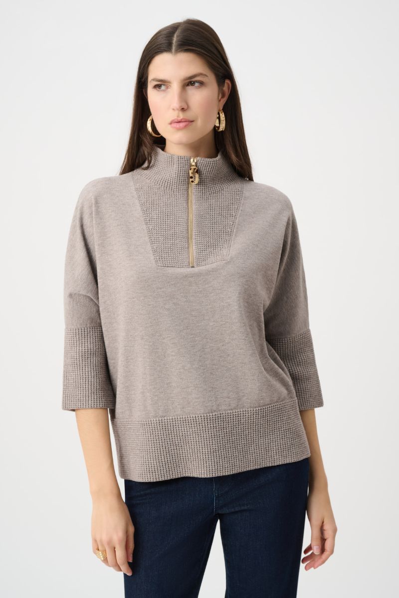 Funnel Zip Sweater in Taupe Melange by Joseph Ribkoff – 263937