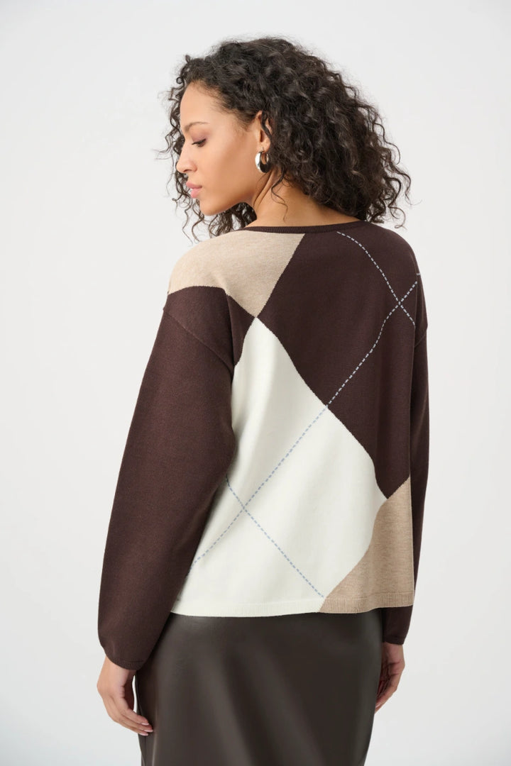 Woman wearing Brushed Viscose Knit Argyle Pattern Crewneck Sweater in Mocha/Multi by Joseph Ribkoff back view
