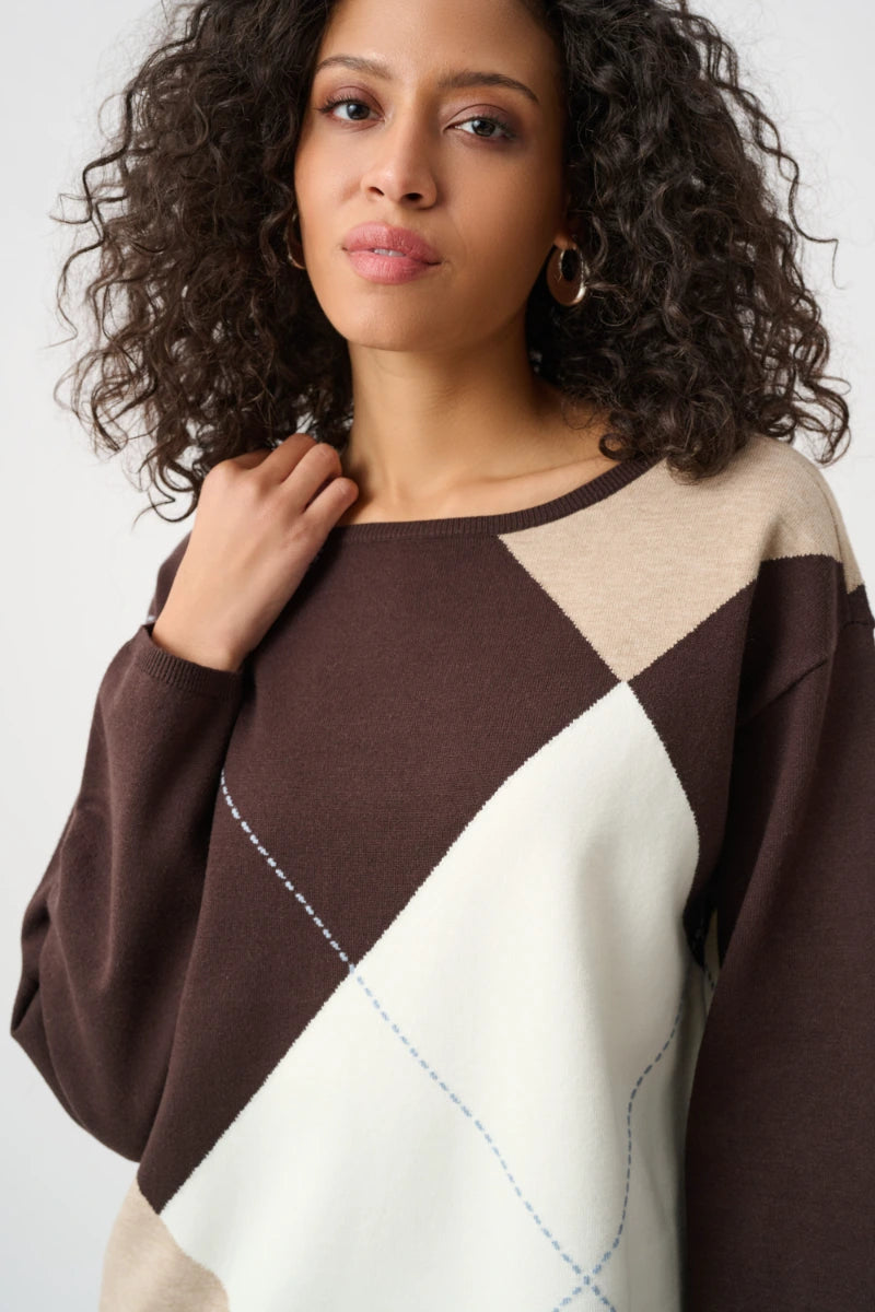Woman wearing Brushed Viscose Knit Argyle Pattern Crewneck Sweater in Mocha/Multi by Joseph Ribkoff closeup view