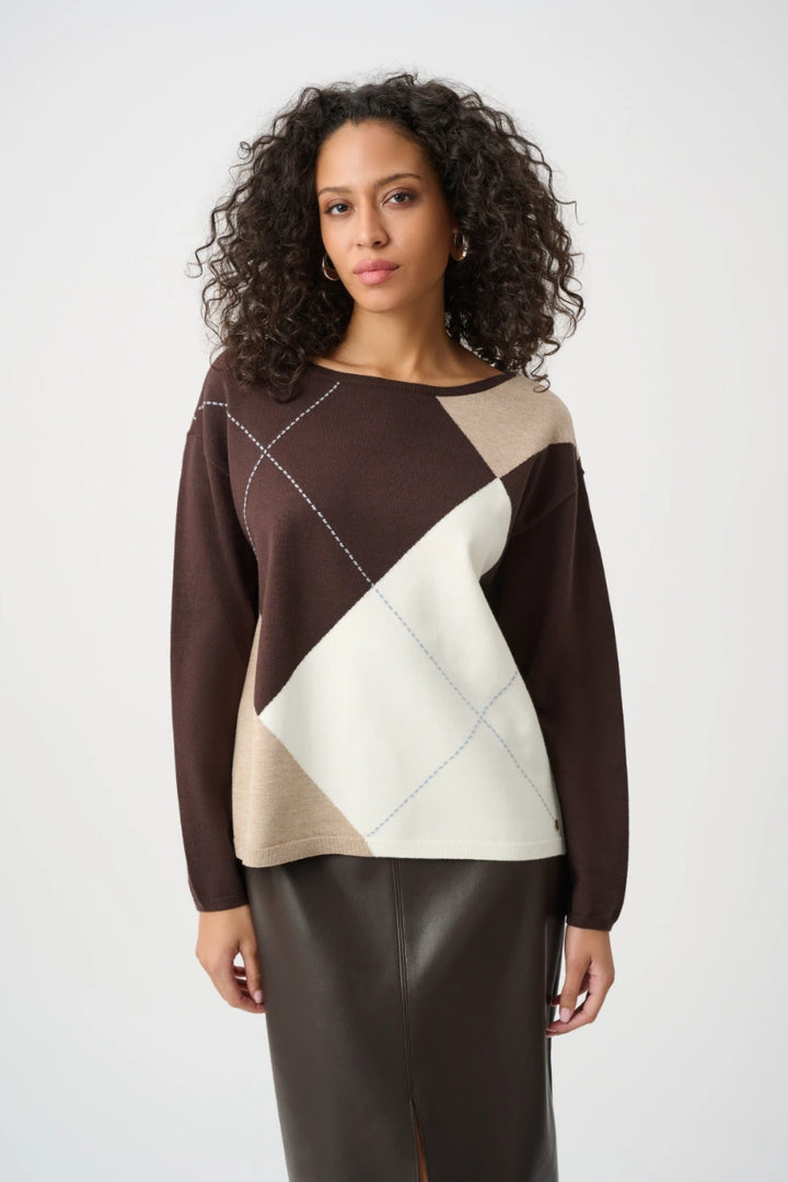 Woman wearing Brushed Viscose Knit Argyle Pattern Crewneck Sweater in Mocha/Multi by Joseph Ribkoff front view