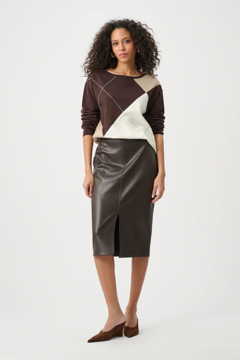 Woman wearing Brushed Viscose Knit Argyle Pattern Crewneck Sweater in Mocha/Multi by Joseph Ribkoff outfit view