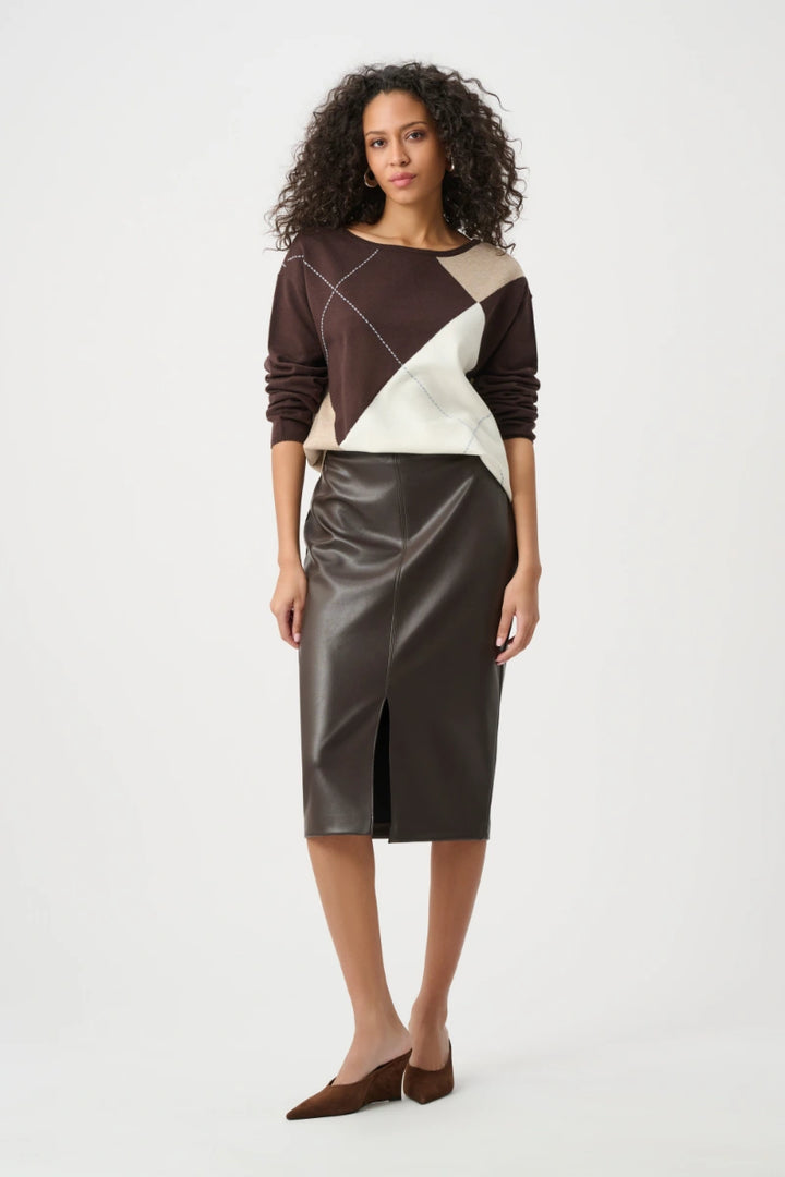 Woman wearing Brushed Viscose Knit Argyle Pattern Crewneck Sweater in Mocha/Multi by Joseph Ribkoff outfit view