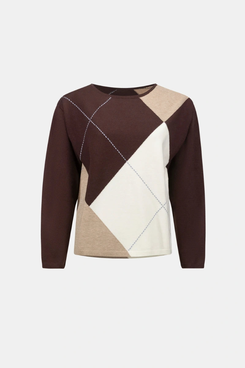 Woman wearing Brushed Viscose Knit Argyle Pattern Crewneck Sweater in Mocha/Multi by Joseph Ribkoff product view