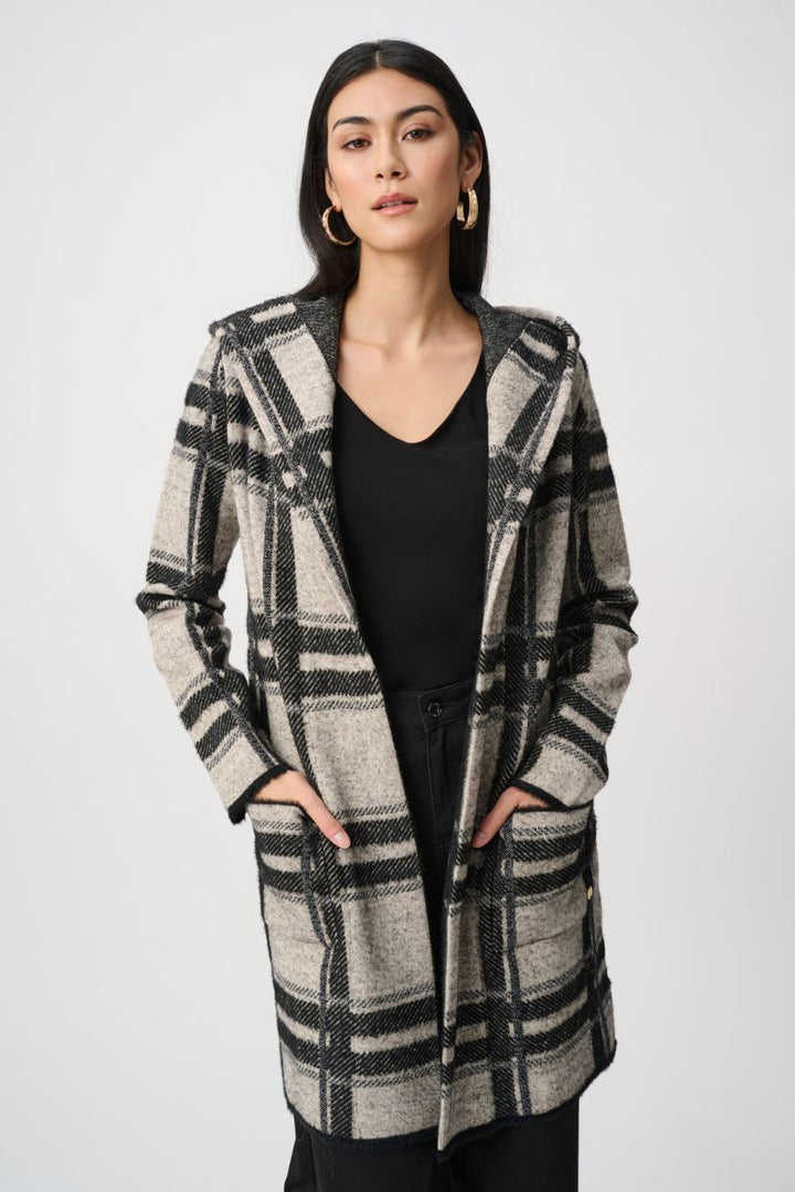 Woman wearing hooded jacket by Joseph Ribkoff style 263953 front