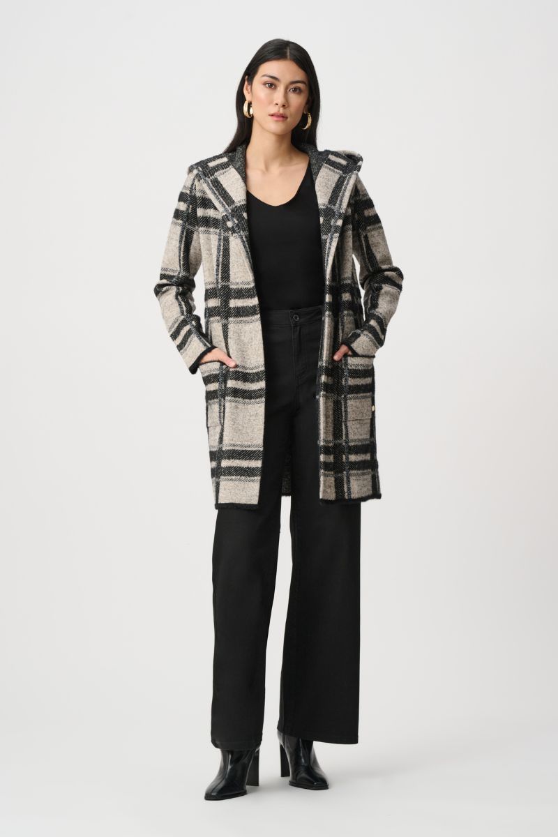 Woman wearing hooded jacket by Joseph Ribkoff style 263953 styled