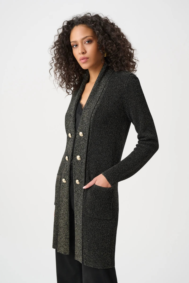 Woman wearing Lurex Knit Military-Style Cover Up in Black/Gold by Joseph Ribkoff side view