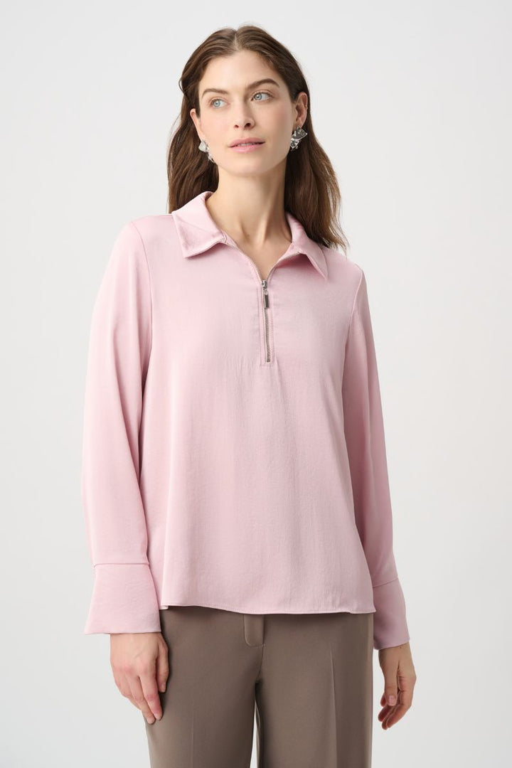 Joseph Ribkoff Recycled Satin Shirt Collar Top in Soft Blush front view 264050
