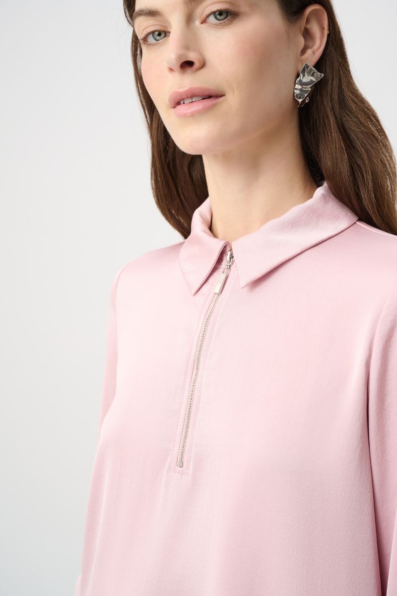 Joseph Ribkoff Soft Blush Satin Top shirt collar and front zip detail 264050