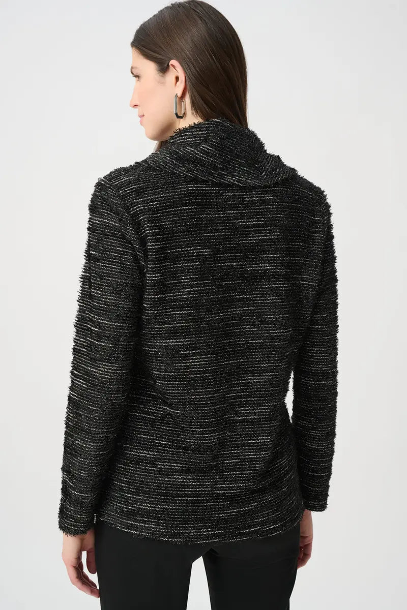 Woman wearing Novelty Knit Cowl Neck Tunic in Black & White by Joseph Ribkoff back view