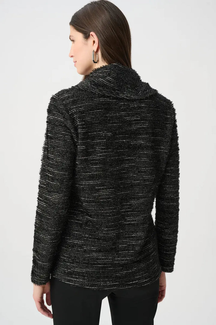 Woman wearing Novelty Knit Cowl Neck Tunic in Black & White by Joseph Ribkoff back view