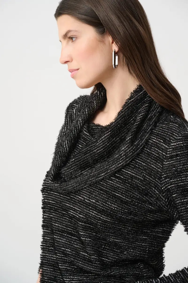 Woman wearing Novelty Knit Cowl Neck Tunic in Black & White by Joseph Ribkoff closeup view
