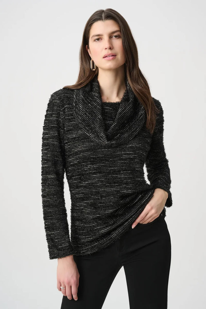 Woman wearing Novelty Knit Cowl Neck Tunic in Black & White by Joseph Ribkoff front view