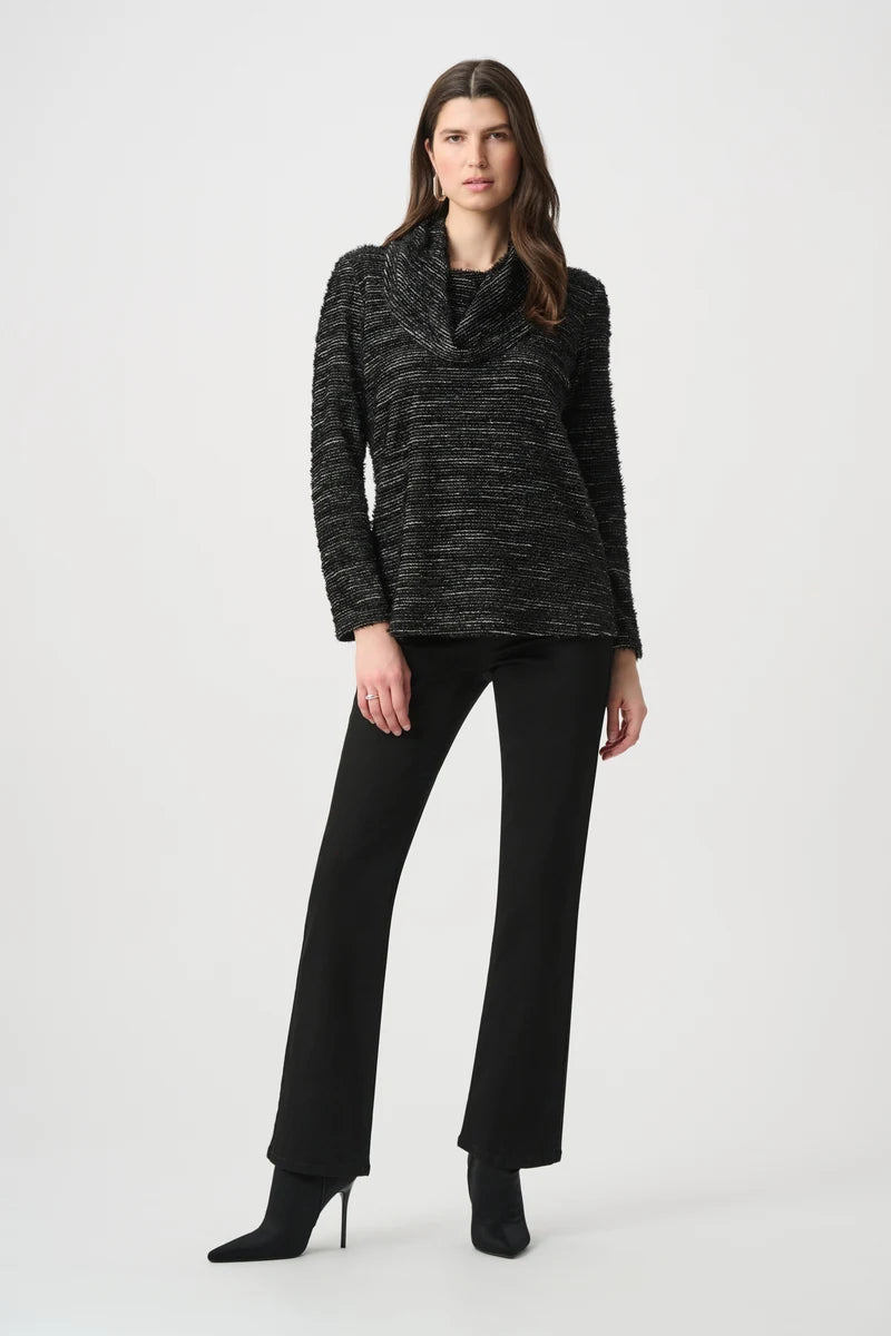 Woman wearing Novelty Knit Cowl Neck Tunic in Black & White by Joseph Ribkoff outfit view