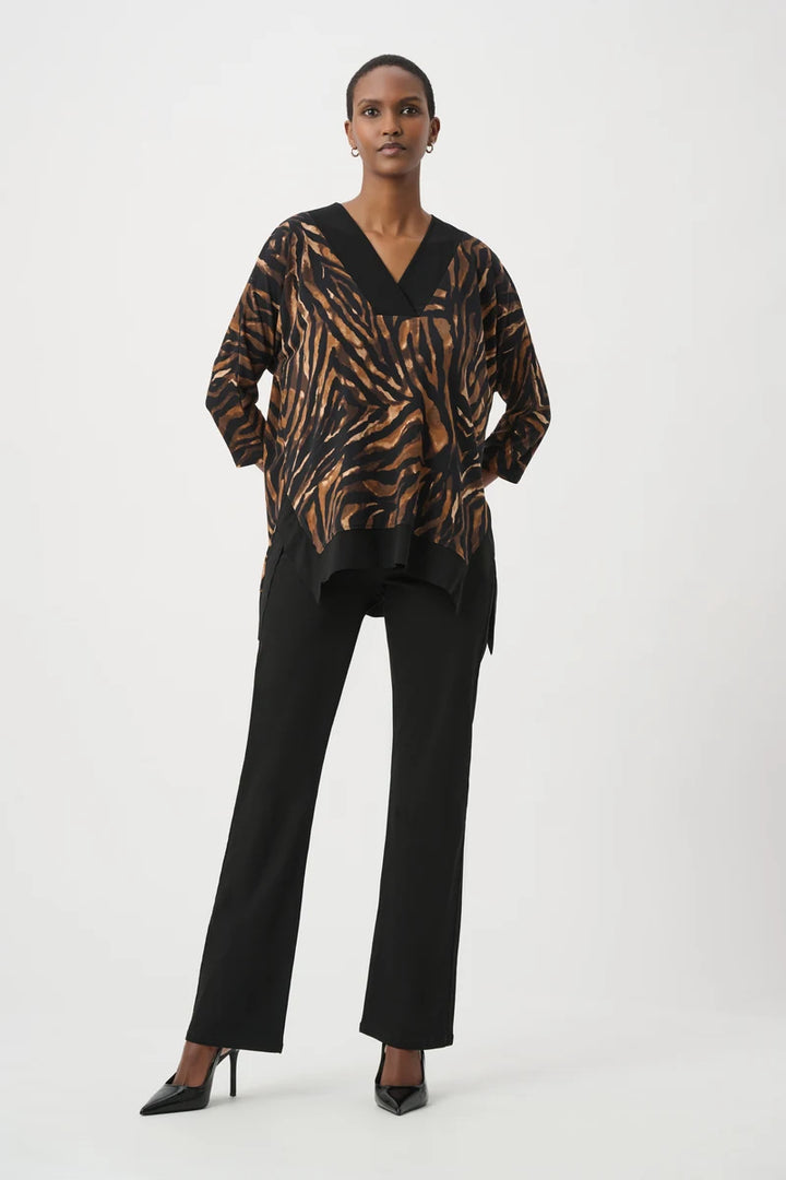 Woman wearing Animal Print V-Neck Tunic in Black/Brown by Joseph Ribkoff outfit view