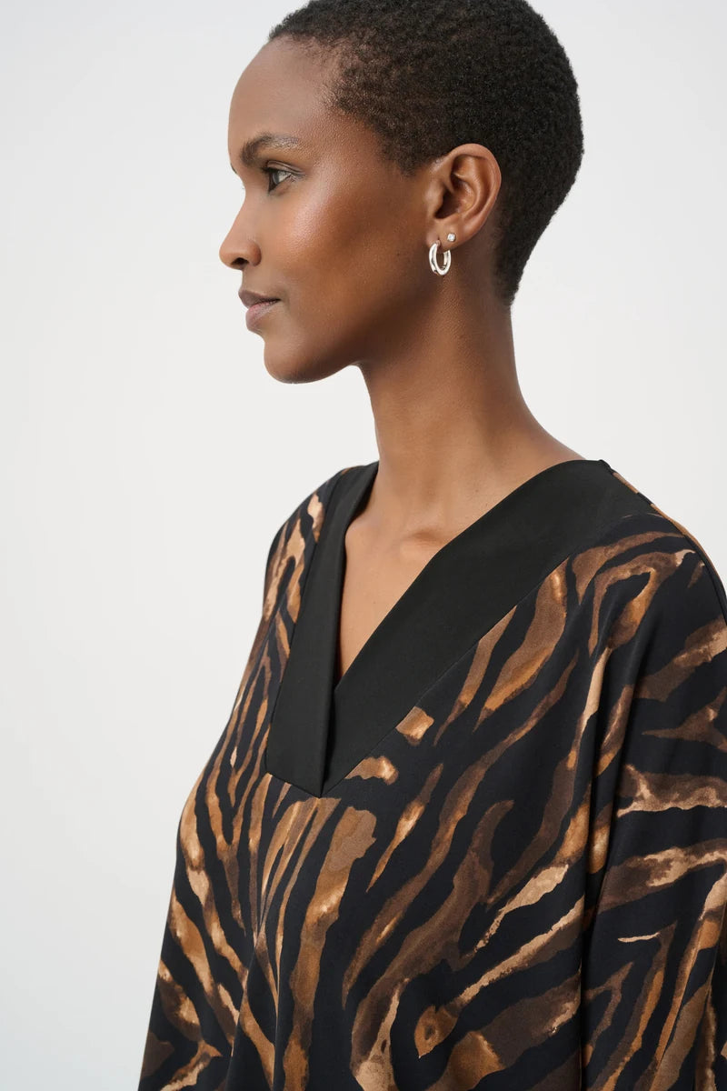 Woman wearing Animal Print V-Neck Tunic in Black/Brown by Joseph Ribkoff closeup view