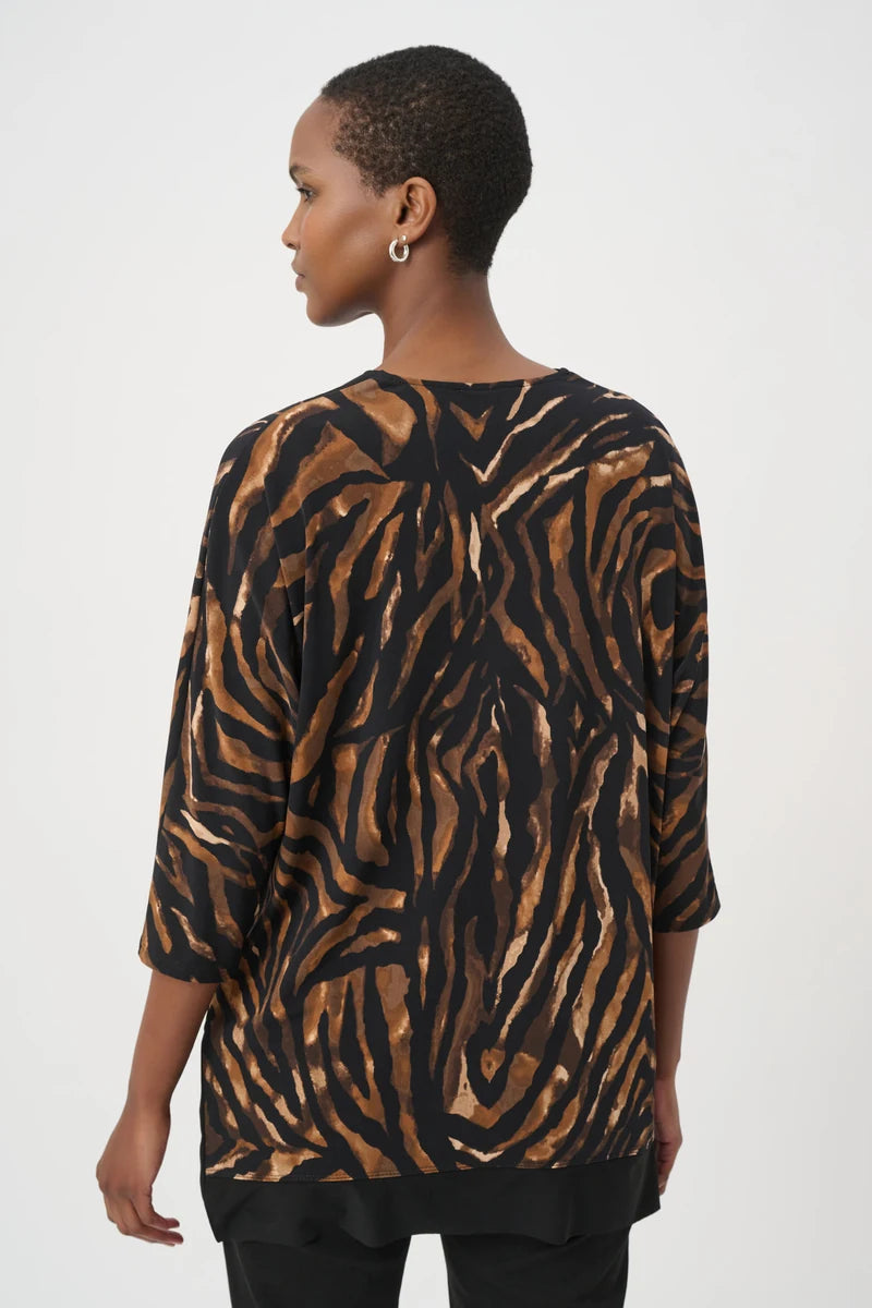 Woman wearing Animal Print V-Neck Tunic in Black/Brown by Joseph Ribkoff back view